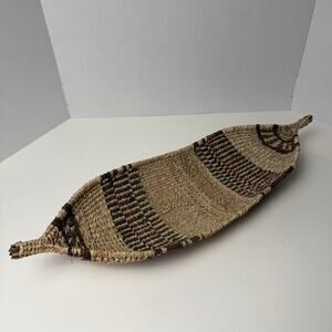 VTG Handwoven Primitive Long Basket Long Canoe Shape Natural Fiber Catchall Gift